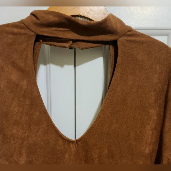 Camel Color Faux Suede Cutout Choker-Neck Style Mini Dress - Picture 5 of 6